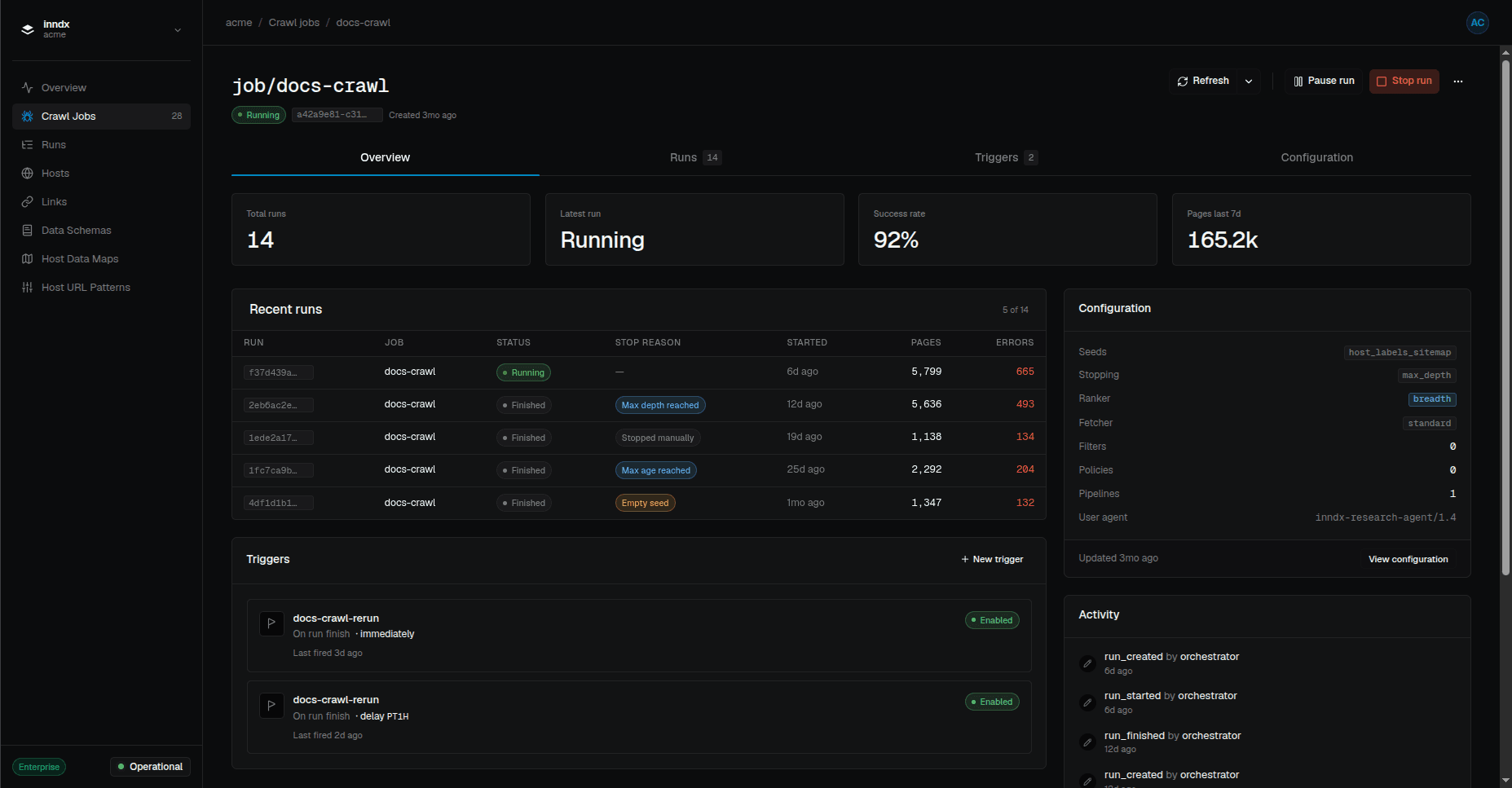 The detail view for the docs-crawl job, showing its tabs, status, recent runs, configuration summary, and activity