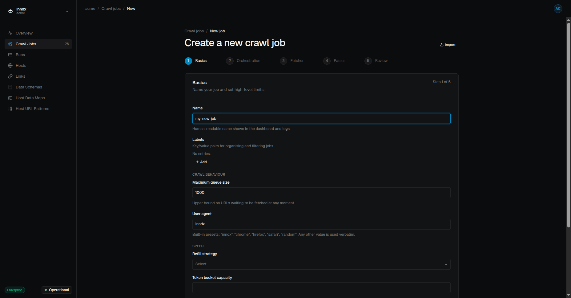 The job create wizard on its Basics step, with the step indicator and the Import button