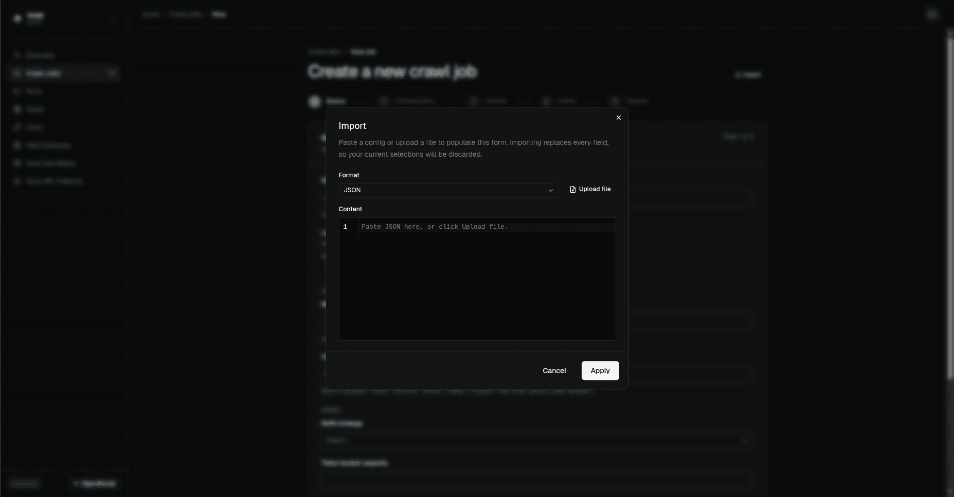 The Import modal over the job form, with a format selector, an upload control, and a content editor for pasting JSON